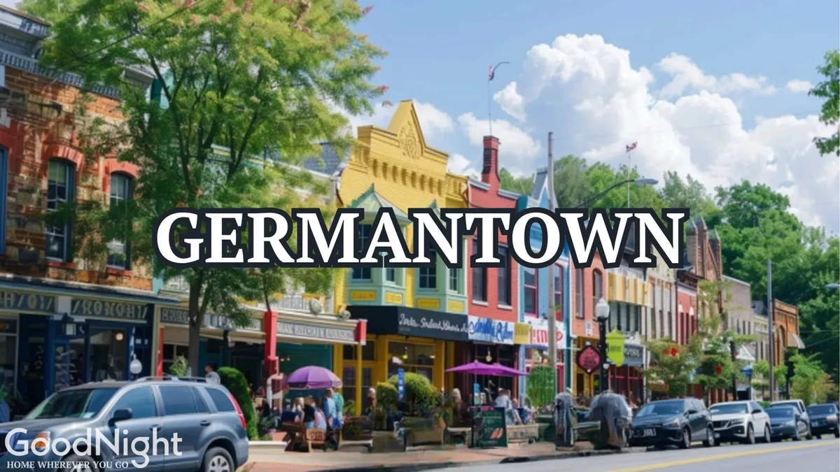 A vibrant street scene in Germantown, showing colorful buildings, people enjoying outdoor seating, and bustling activity. The area exudes community energy and is ideal for shopping, dining, and exploring Nashville’s historic charm.