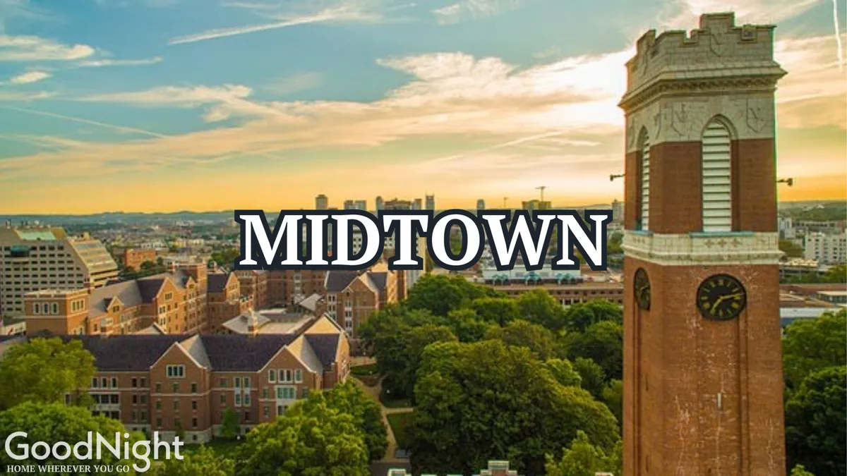 A panoramic view of a neighborhood featuring a prominent clock tower, surrounding buildings, lush green trees, and a lively sky. The image evokes a sense of place and local culture, suggesting opportunities for exploration and connection.