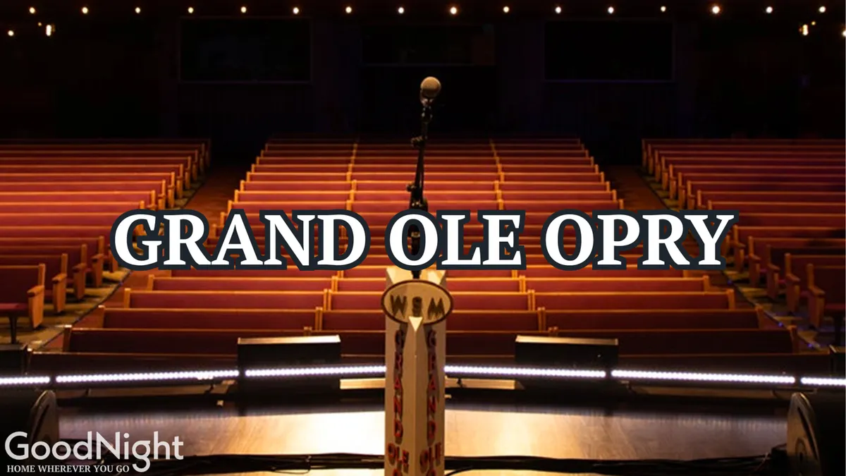 An interior view of the Grand Ole Opry with the stage microphone, audience seating, and the Opry logo, set for live musical performances. The scene is alive with anticipation and nostalgia, representing the city’s musical heart.