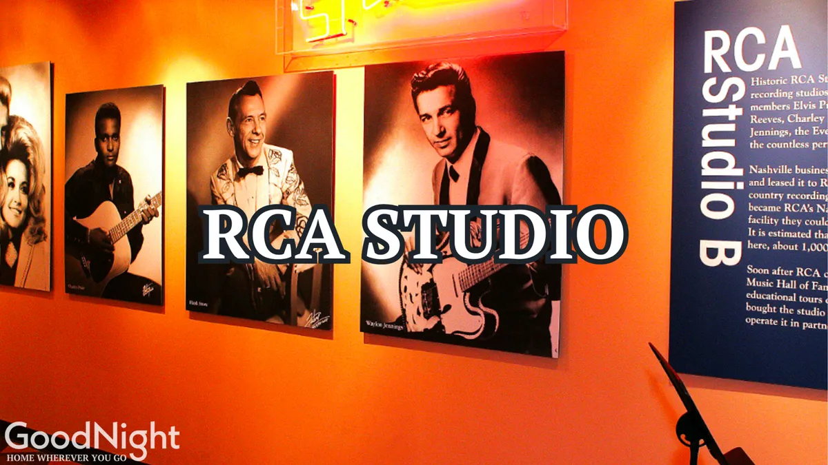 The image captures the iconic RCA Studio B sign, surrounded by photographs of legendary musicians, and illuminated by neon lighting. The scene is vibrant and evocative, showcasing the deep musical heritage found at one of Nashville’s most storied recording studios.
